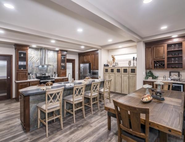 Kitchen and dining area of a manufactured home.